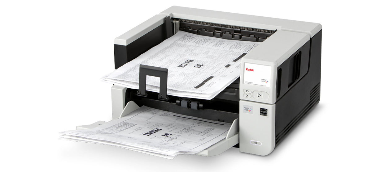 Kodak Alaris S2085f with paper in the input tray on a white background