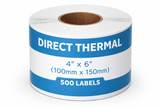 Roll of direct thermal labels with dimensions 4" x 6" and capacity for 500 labels on a white background.