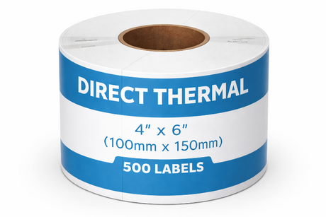 Roll of direct thermal labels with dimensions 4" x 6" and capacity for 500 labels on a white background.