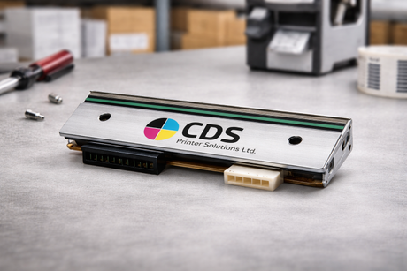 zebra printhead with CDS Printer Solutions Ltd. logo on a gray surface