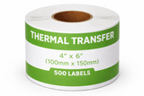 Compatible Thermal Transfer Labels 100mm x 150mm (4" x 6") 500 per Roll 25mm Core Permanent White