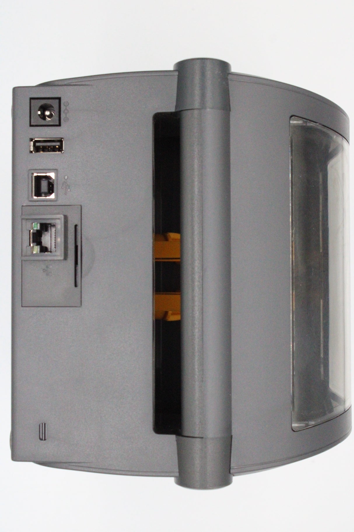 Zebra ZD421 203dpi label printer rear ports showing USB and Ethernet connections