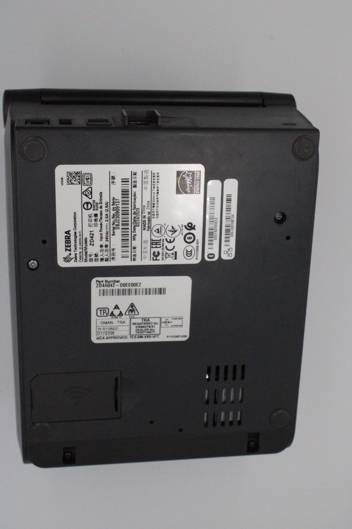 Zebra ZD421 label printer angled view with USB Ethernet and Bluetooth connectivity